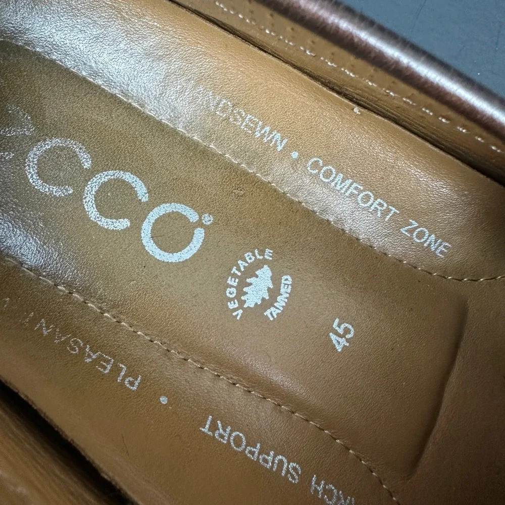 ECCO Mens Brown Leather Penny Loafers Handsewn Driving Shoes Moc 45 US 11-11.5
